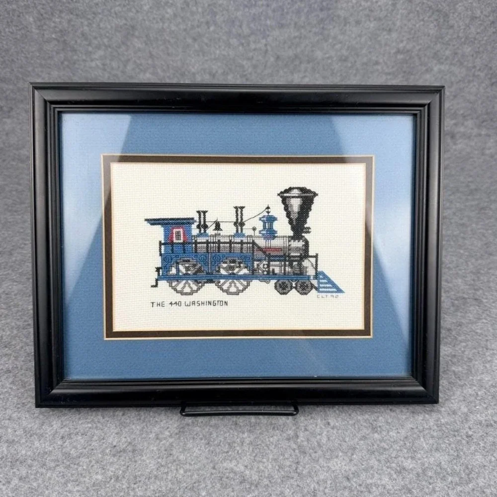 Framed Cross Stitch The 440 Washington Steam Locomotive Train Artwork CLT 92